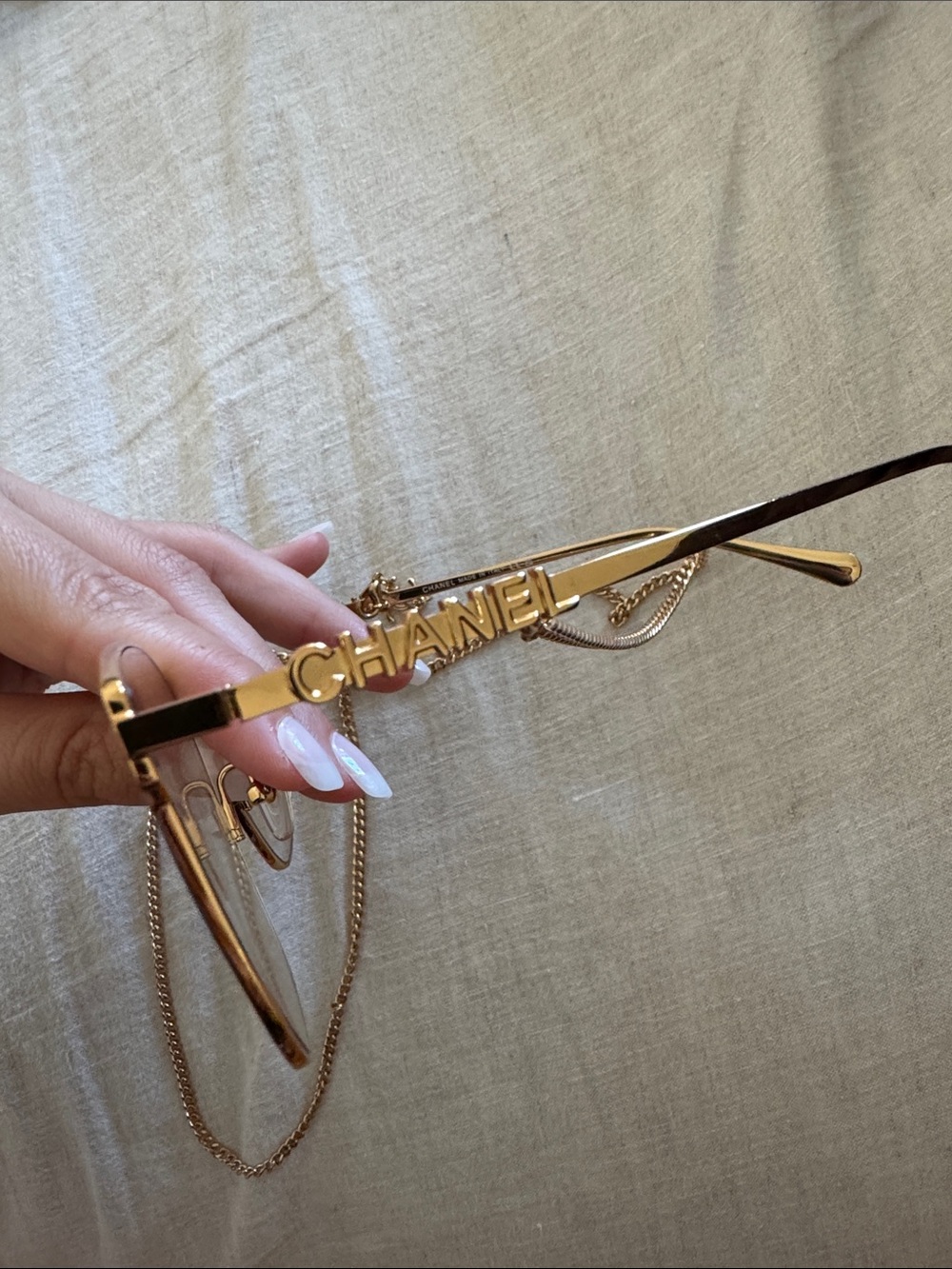 CHANEL Gold Metal Cat-Eye Glasses with Chain - Picture 4 of 7